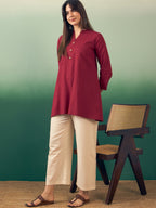 InWeave Burgundy Mandarin V Neck Button Kurta Cream Pant Set | Grocsy