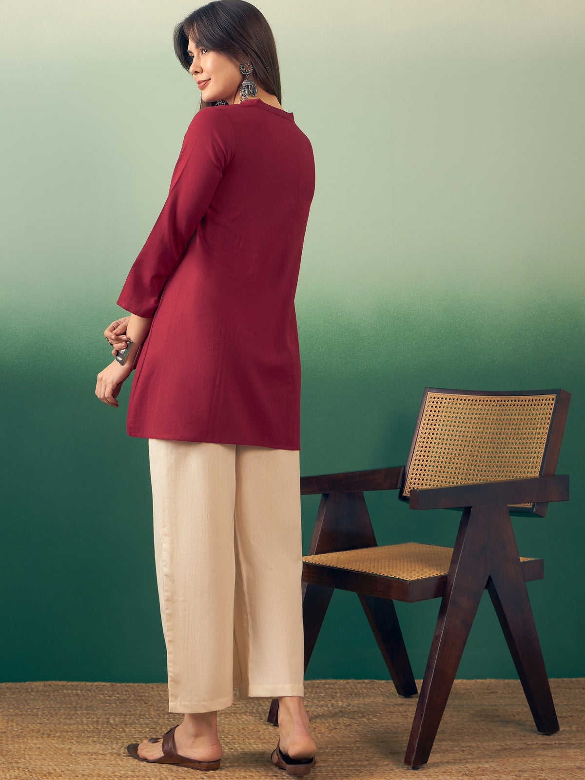 InWeave Burgundy Mandarin V Neck Button Kurta Cream Pant Set | Grocsy
