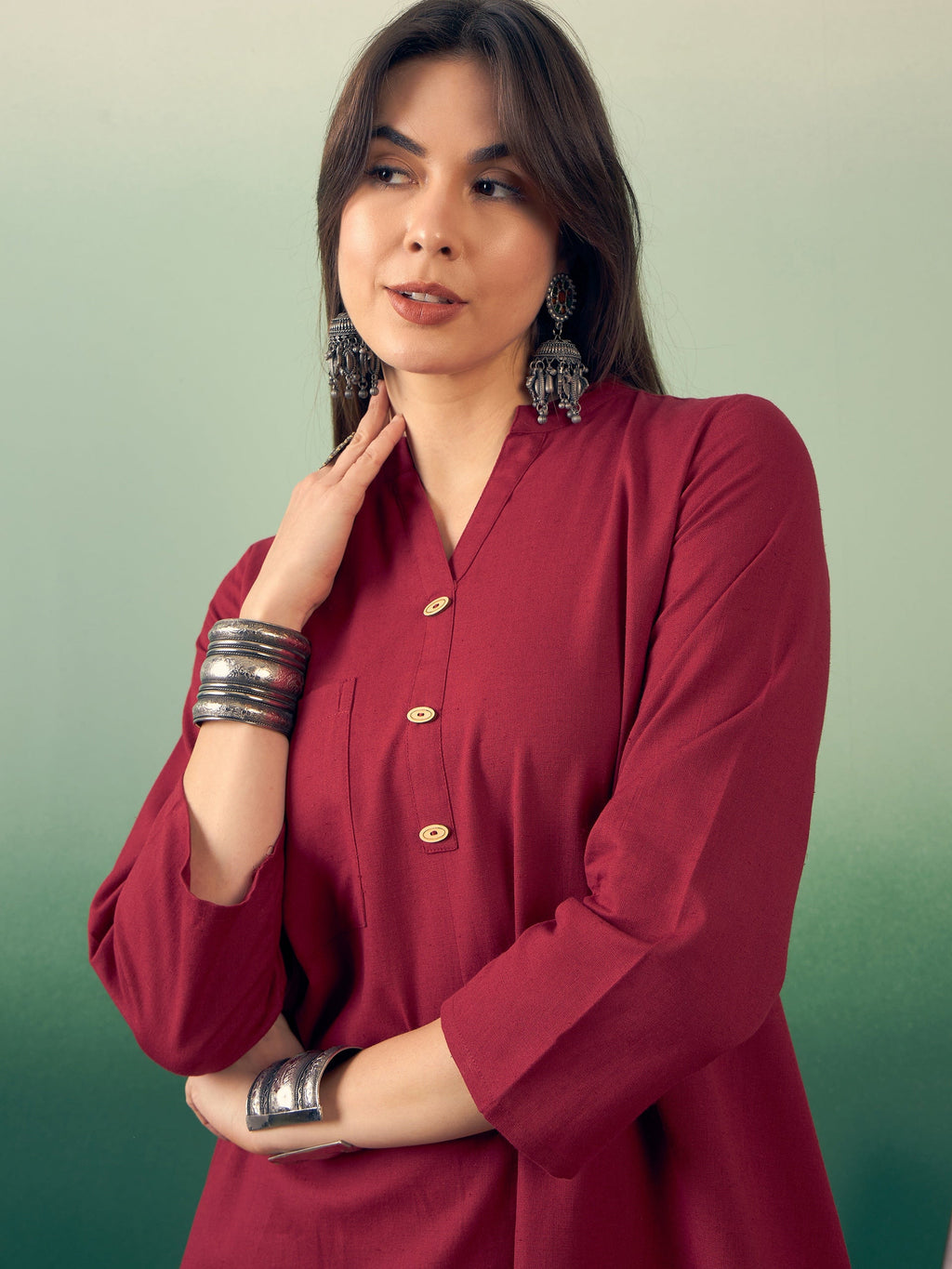 InWeave Burgundy Mandarin V Neck Button Kurta Cream Pant Set | Grocsy