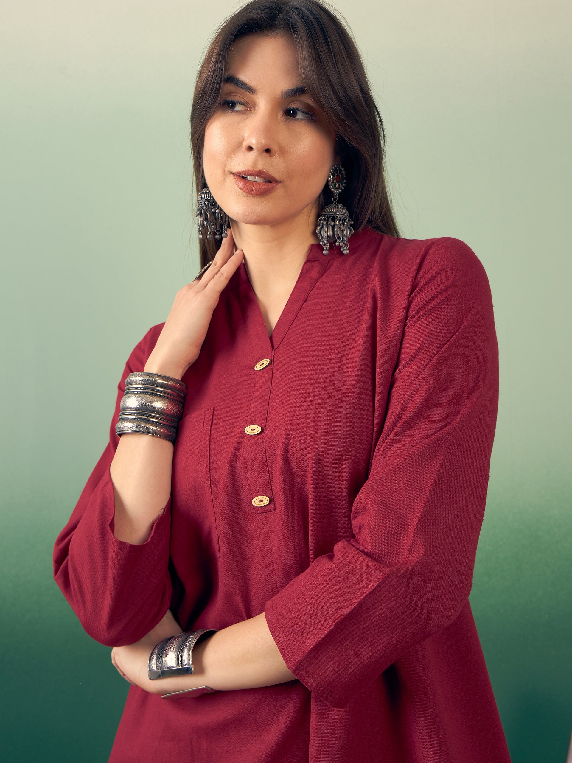 InWeave Burgundy Mandarin V Neck Button Kurta Cream Pant Set | Grocsy