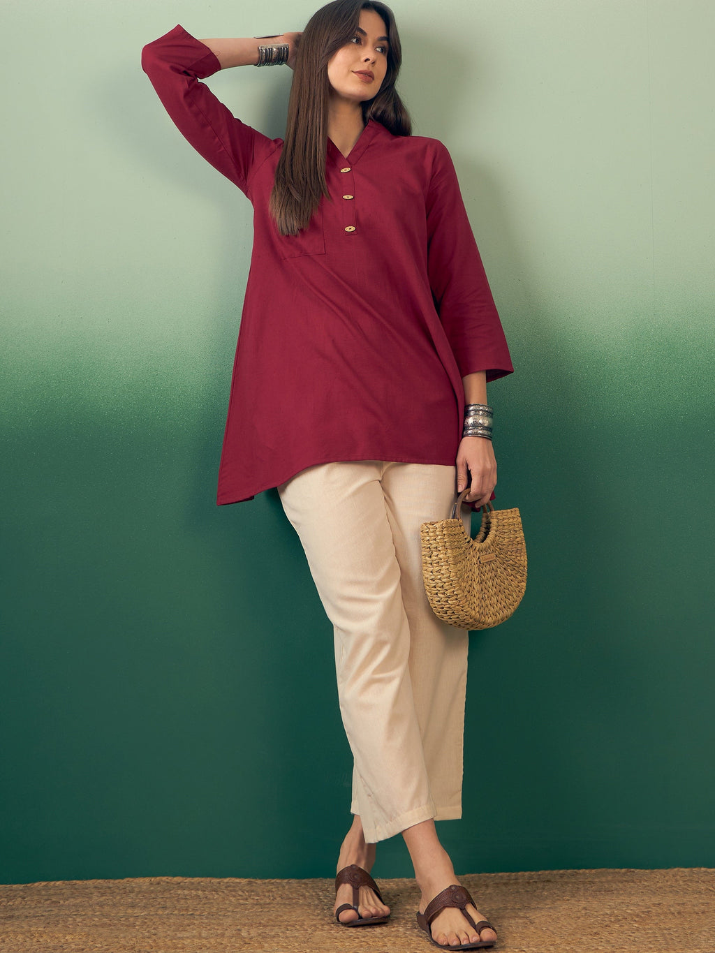 InWeave Burgundy Mandarin V Neck Button Kurta Cream Pant Set | Grocsy