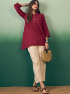 InWeave Burgundy Mandarin V Neck Button Kurta Cream Pant Set | Grocsy