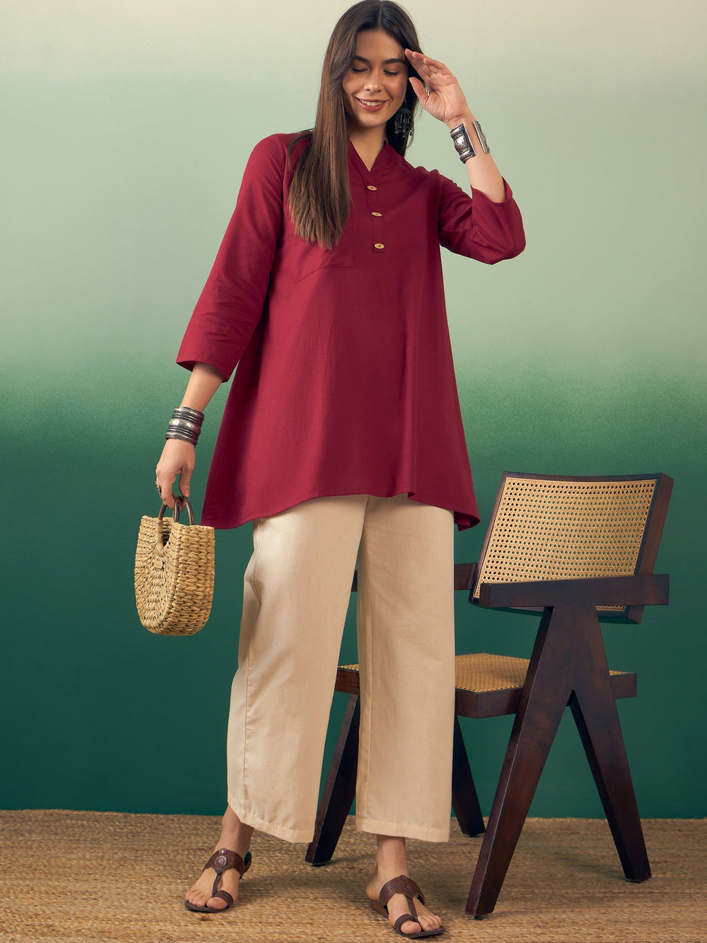 InWeave Burgundy Mandarin V Neck Button Kurta Cream Pant Set | Grocsy
