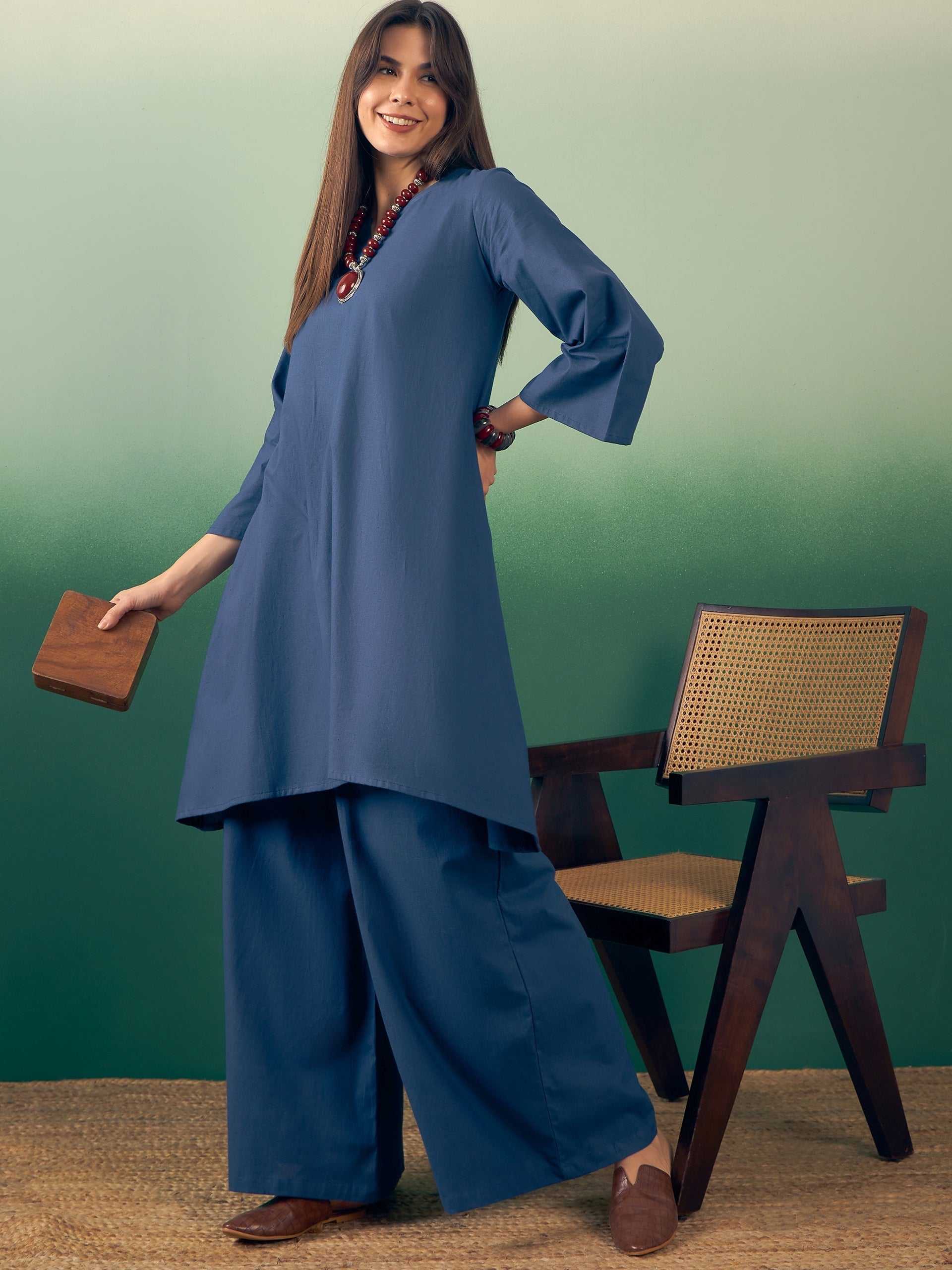 InWeave Midnight Blue Kurta Palazzo Set | Grocsy