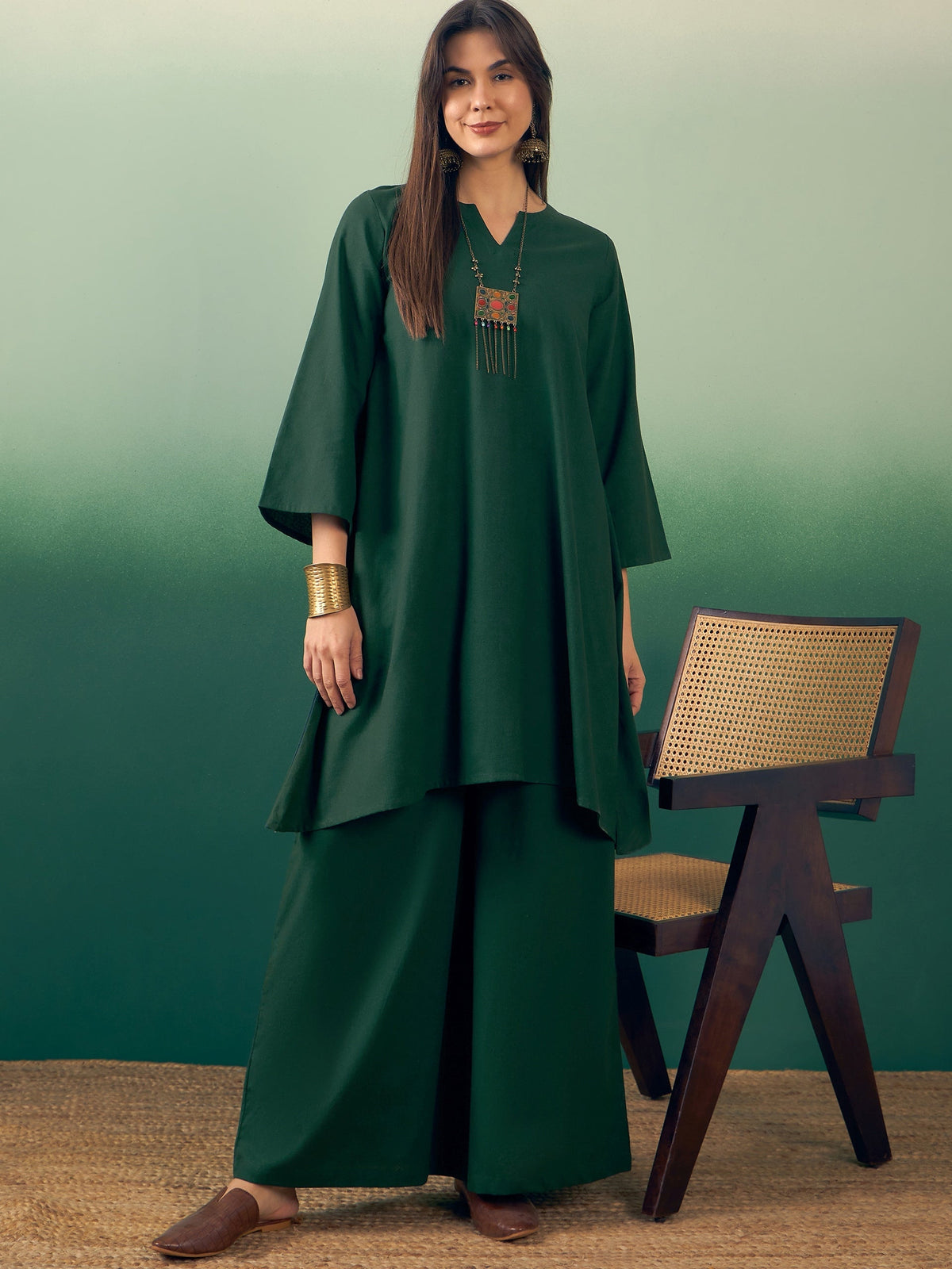 InWeave Dark Green Kurta Palazzo Set | Grocsy