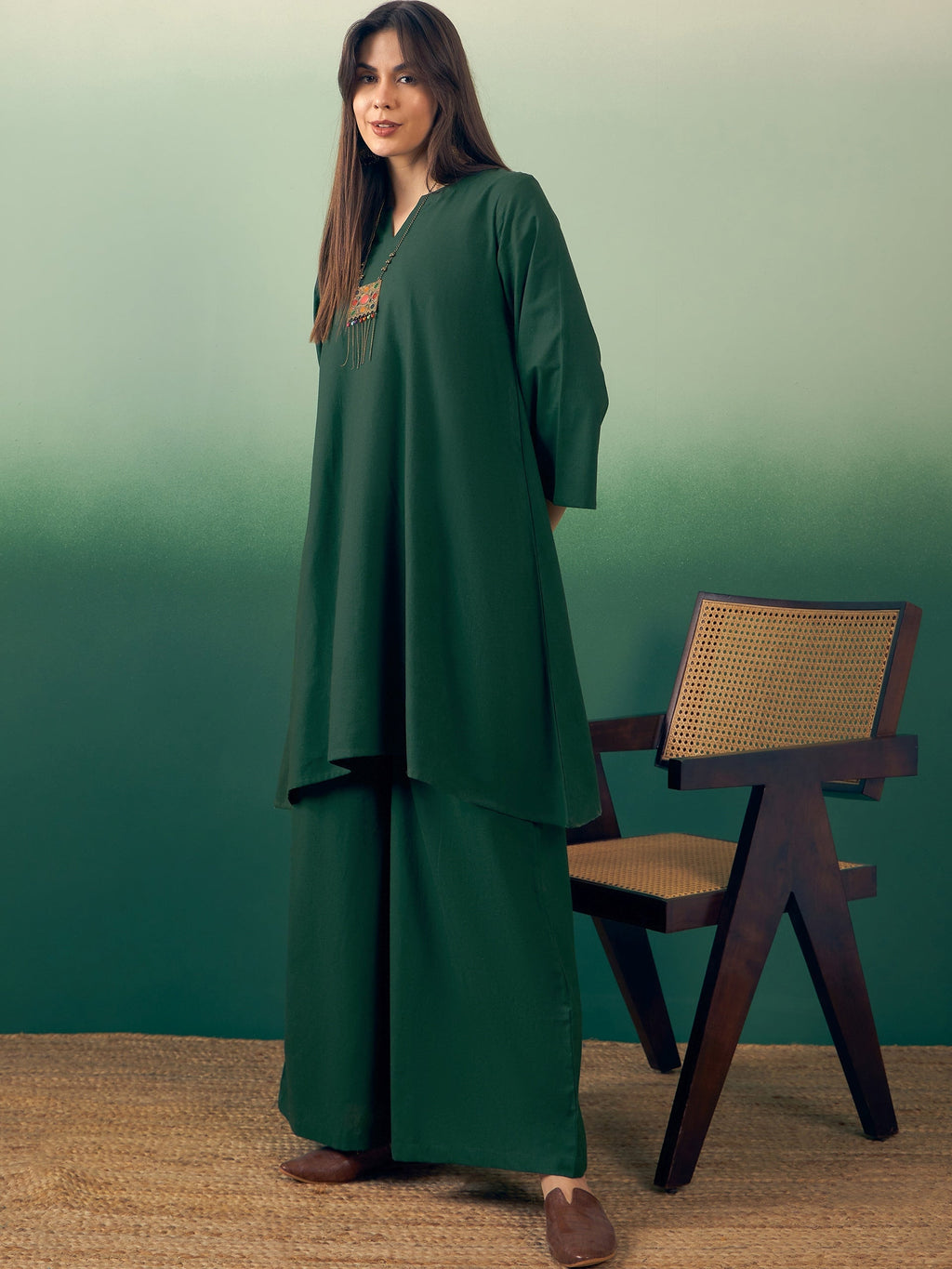 InWeave Dark Green Kurta Palazzo Set | Grocsy