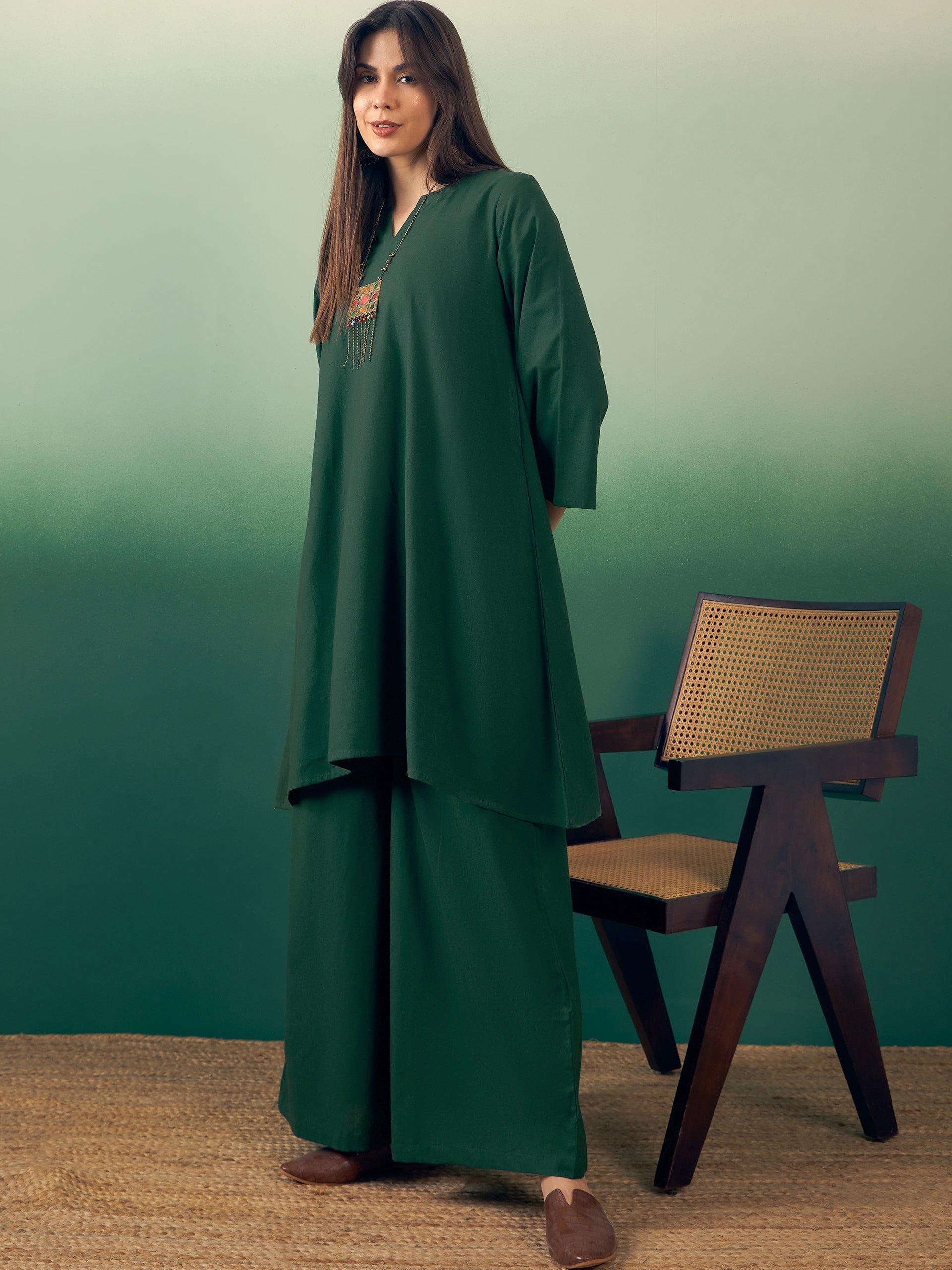 InWeave Dark Green Kurta Palazzo Set | Grocsy