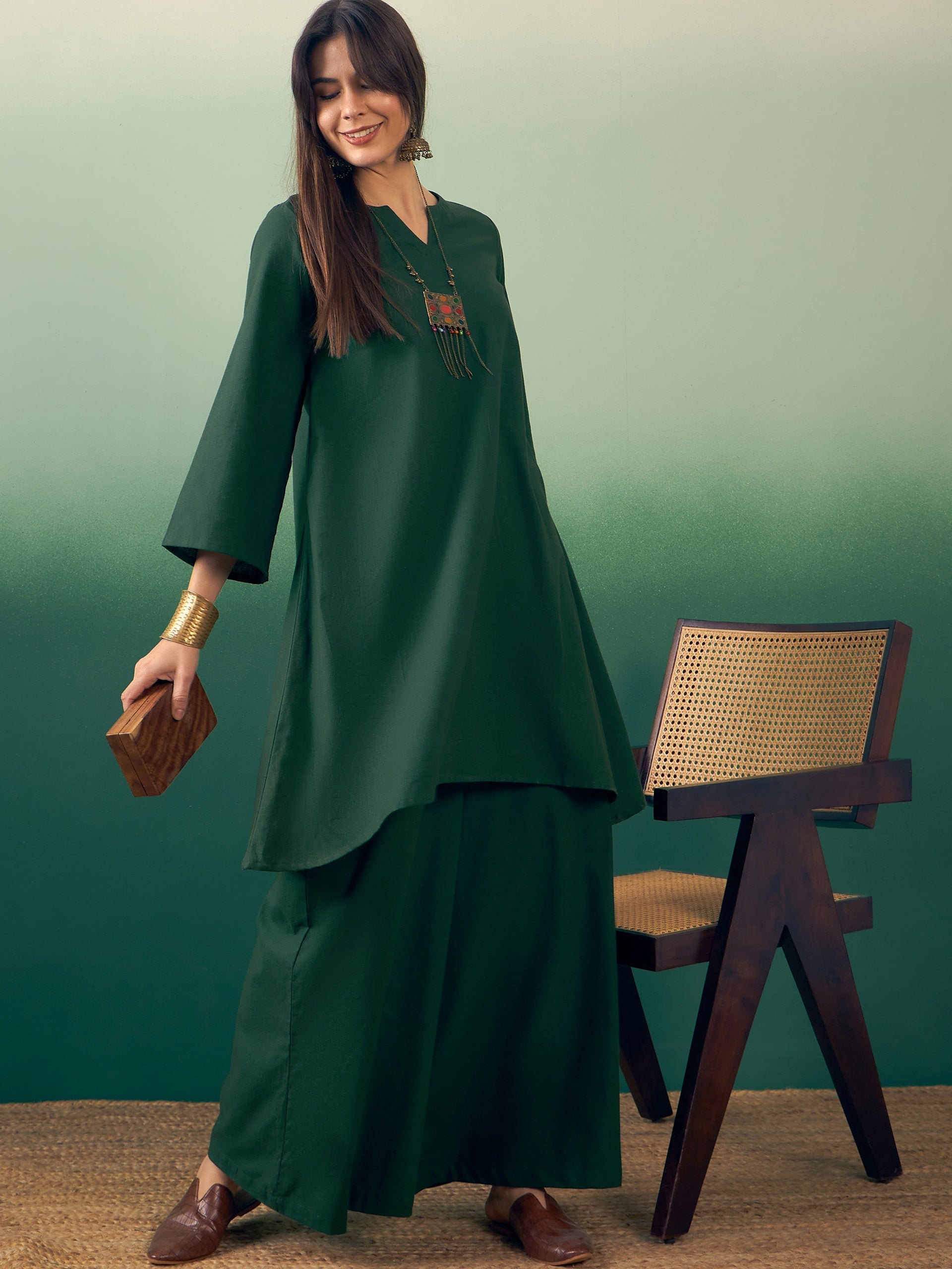 InWeave Dark Green Kurta Palazzo Set | Grocsy
