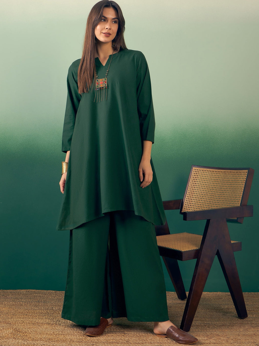 InWeave Dark Green Kurta Palazzo Set | Grocsy