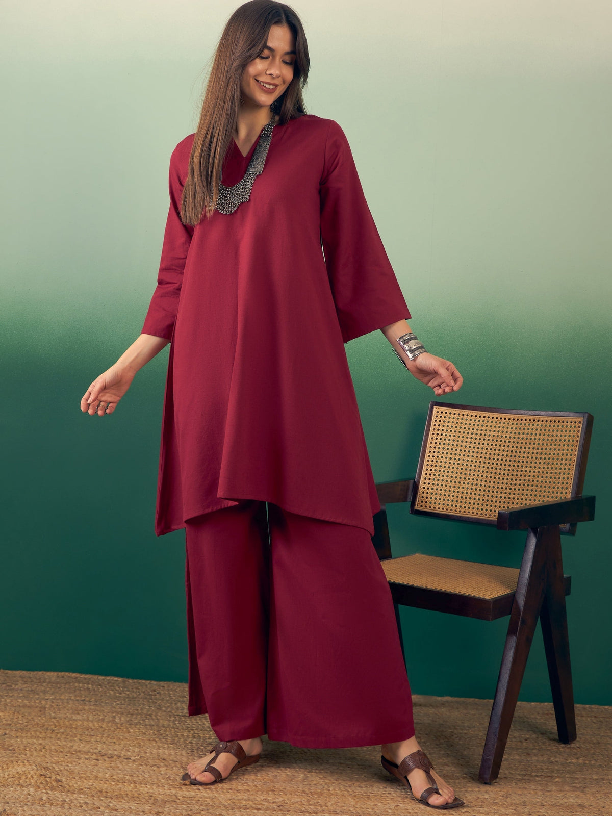 InWeave Burgundy Kurta Palazzo Set | Grocsy