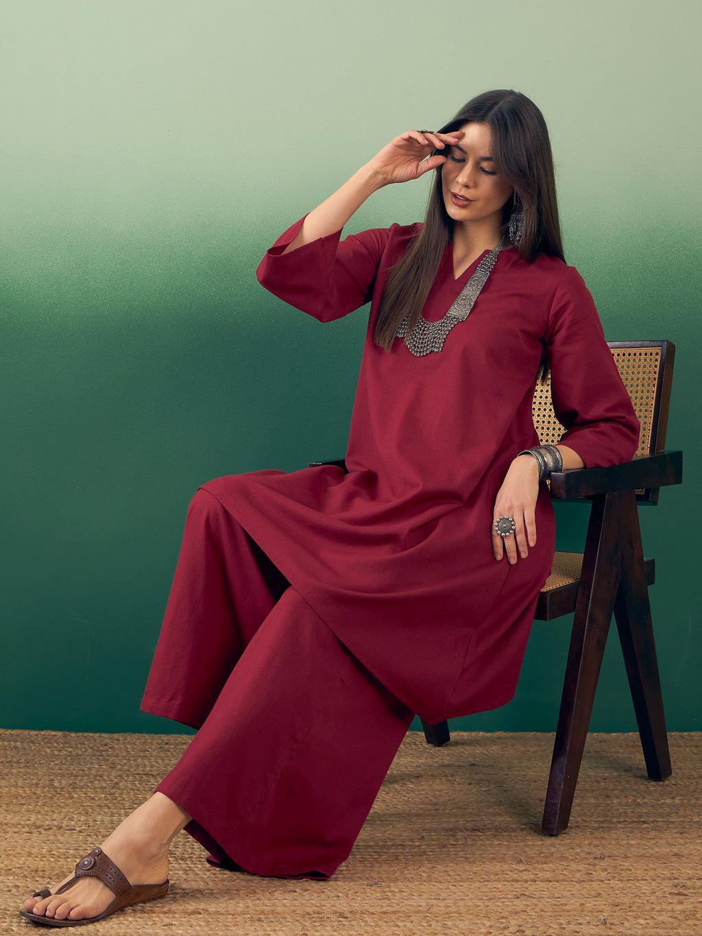 InWeave Burgundy Kurta Palazzo Set | Grocsy
