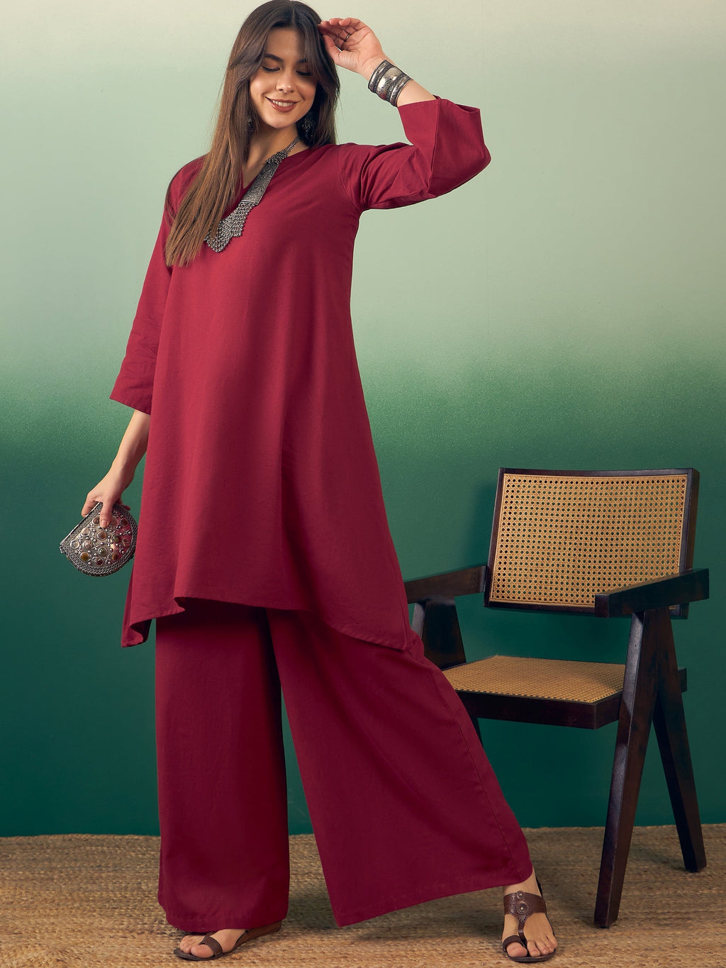 InWeave Burgundy Kurta Palazzo Set | Grocsy