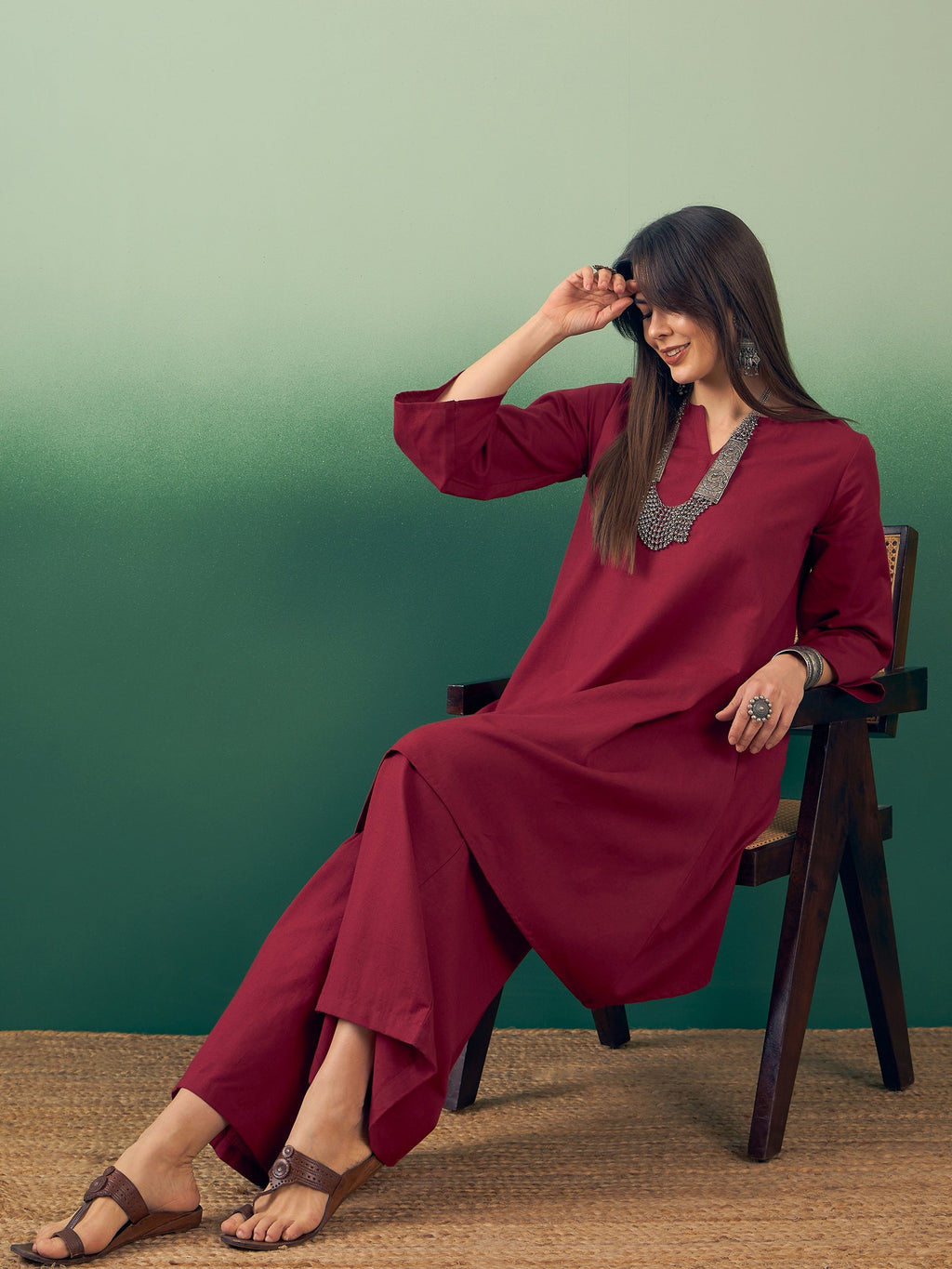 InWeave Burgundy Kurta Palazzo Set | Grocsy