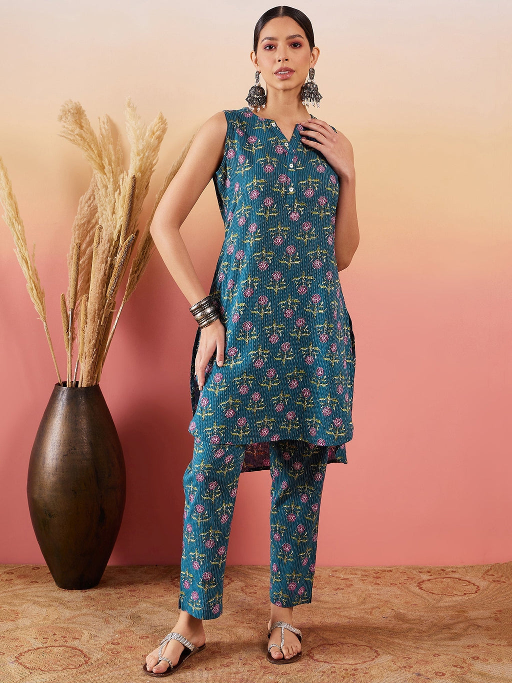 InWeave Teal Kantha Mandarin Kurta Set | Grocsy