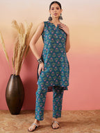 InWeave Teal Kantha Mandarin Kurta Set | Grocsy