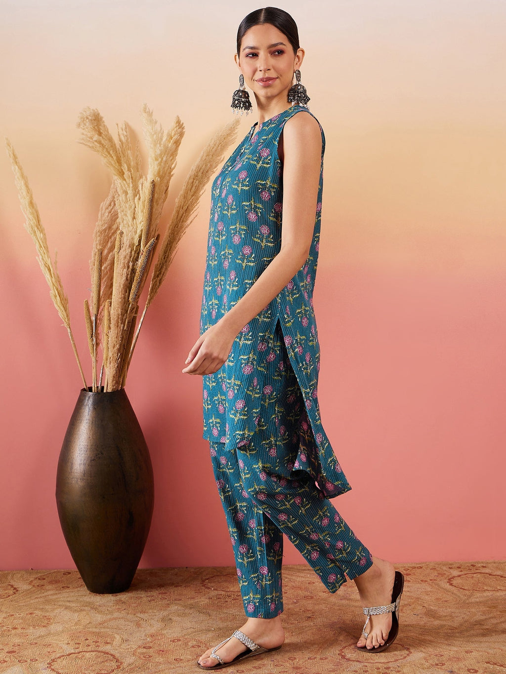 InWeave Teal Kantha Mandarin Kurta Set | Grocsy