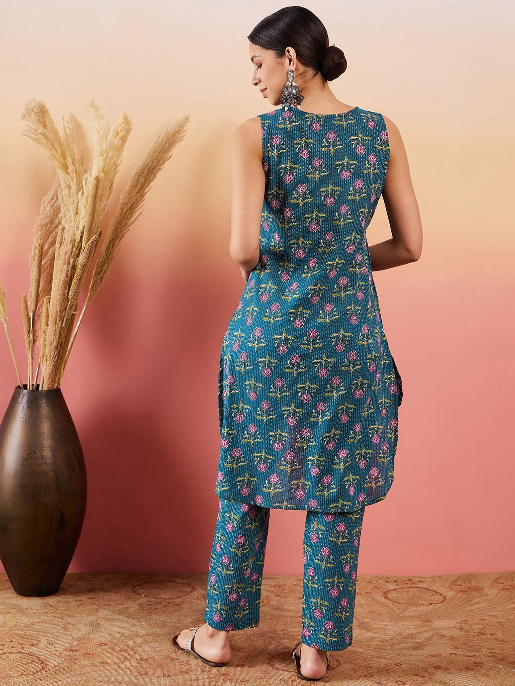 InWeave Teal Kantha Mandarin Kurta Set | Grocsy