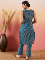 InWeave Teal Kantha Mandarin Kurta Set | Grocsy