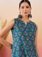 InWeave Teal Kantha Mandarin Kurta Set | Grocsy