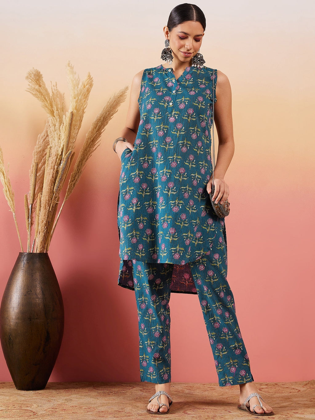 InWeave Teal Kantha Mandarin Kurta Set | Grocsy