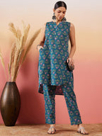 InWeave Teal Kantha Mandarin Kurta Set | Grocsy