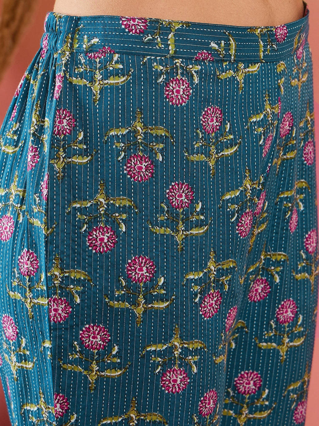 InWeave Teal Kantha Mandarin Kurta Set | Grocsy