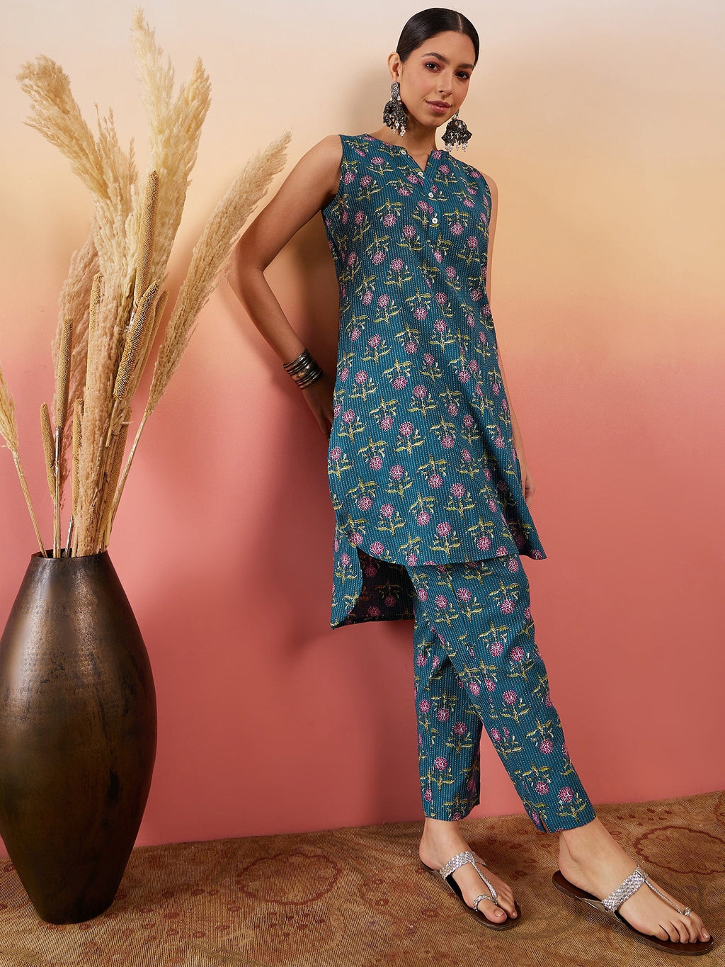 InWeave Teal Kantha Mandarin Kurta Set | Grocsy