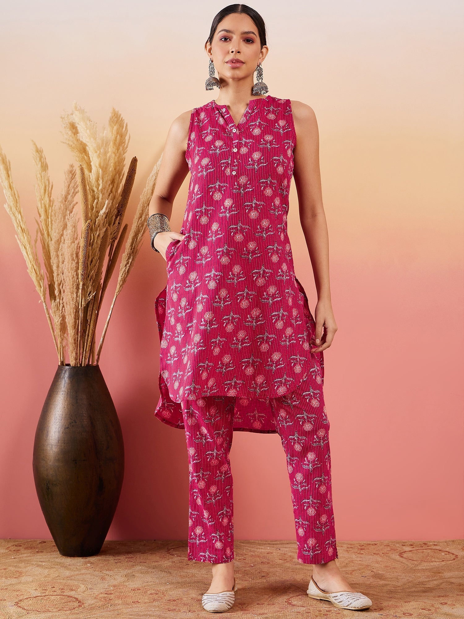 InWeave Red Kantha Print Mandarin V Neck Button Kurta Pant Set | Grocsy