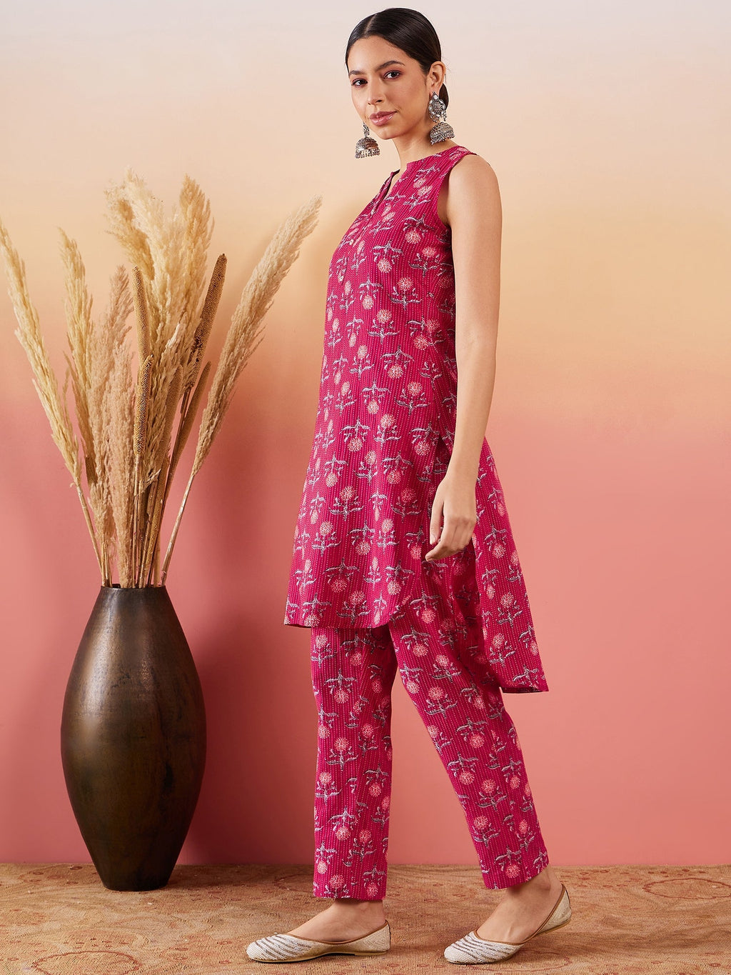 InWeave Red Kantha Print Mandarin V Neck Button Kurta Pant Set | Grocsy