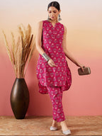 InWeave Red Kantha Print Mandarin V Neck Button Kurta Pant Set | Grocsy
