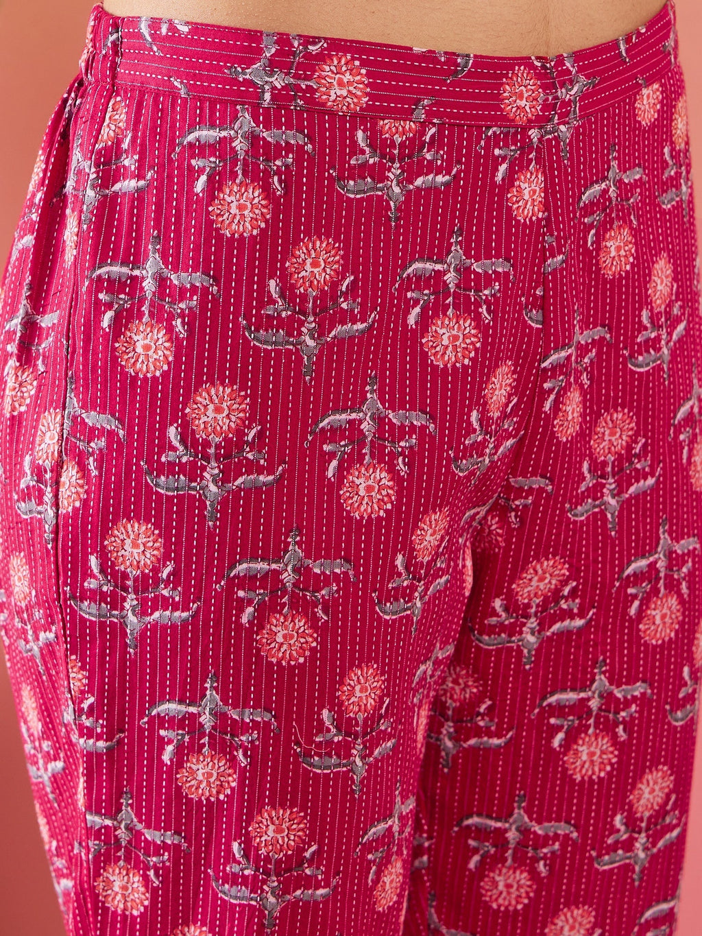 InWeave Red Kantha Print Mandarin V Neck Button Kurta Pant Set | Grocsy