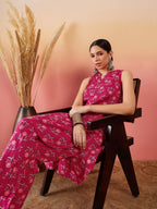 InWeave Red Kantha Print Mandarin V Neck Button Kurta Pant Set | Grocsy