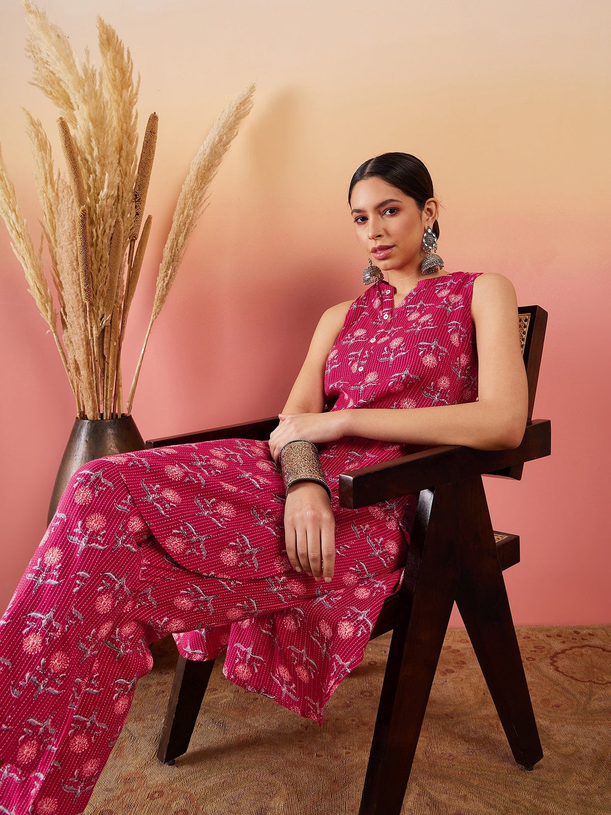 InWeave Red Kantha Print Mandarin V Neck Button Kurta Pant Set | Grocsy