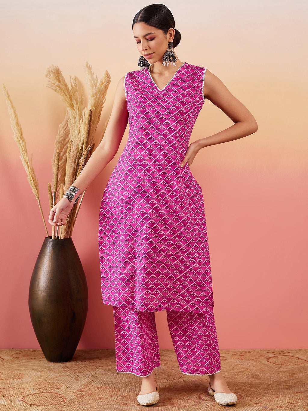 InWeave Pink Pyramid Kantha V Neck Lace Work Kurta Palazzo Set | Grocsy