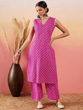 InWeave Pink Pyramid Kantha V Neck Lace Work Kurta Palazzo Set | Grocsy