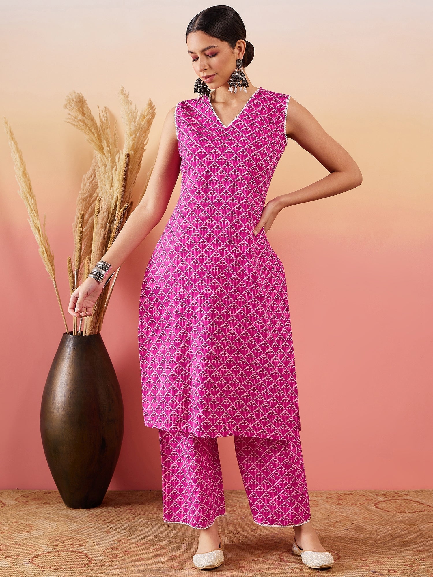 InWeave Pink Pyramid Kantha V Neck Lace Work Kurta Palazzo Set | Grocsy