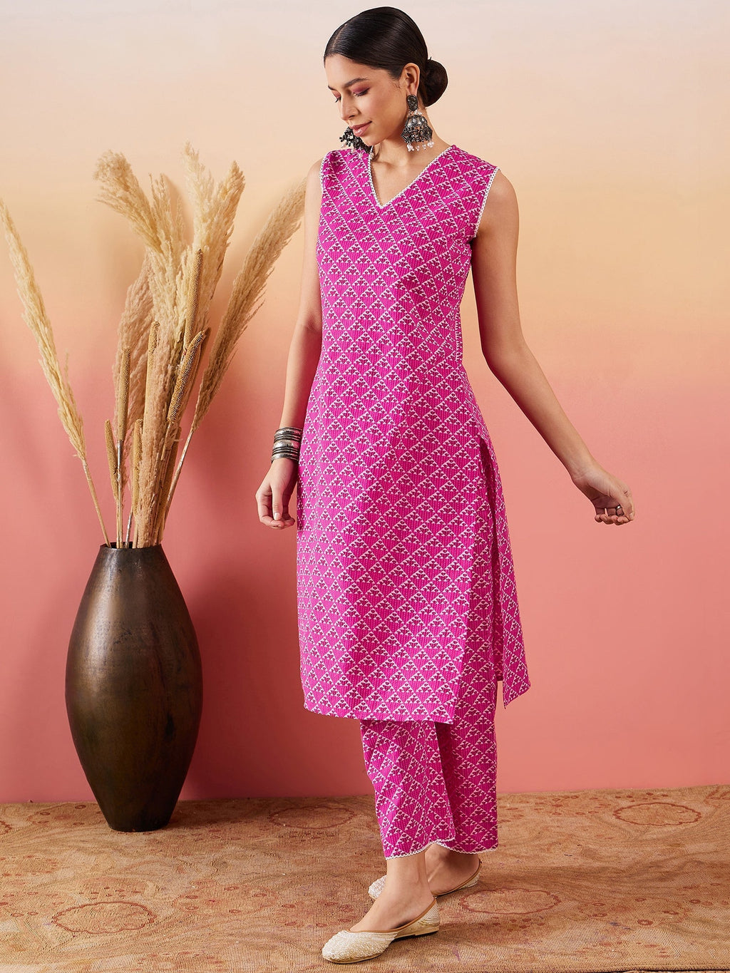 InWeave Pink Pyramid Kantha V Neck Lace Work Kurta Palazzo Set | Grocsy