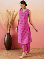 InWeave Pink Pyramid Kantha V Neck Lace Work Kurta Palazzo Set | Grocsy