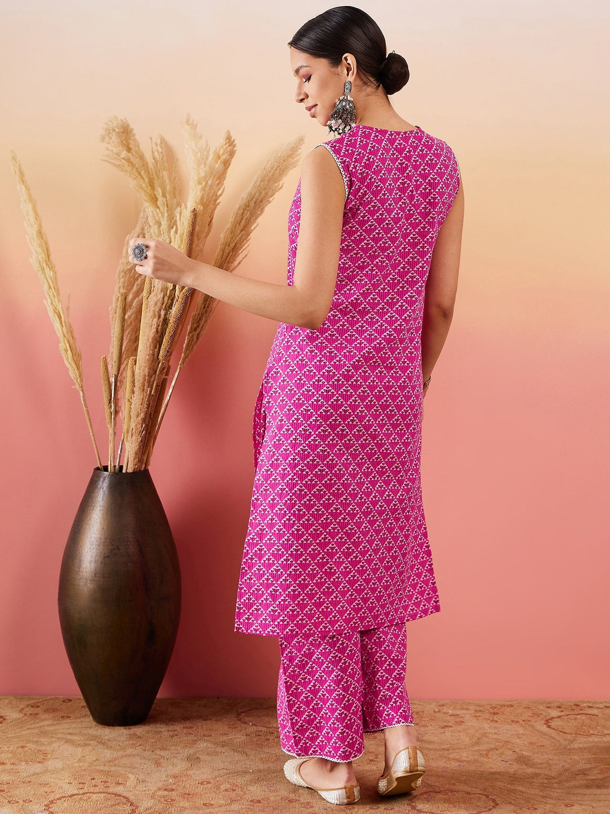 InWeave Pink Pyramid Kantha V Neck Lace Work Kurta Palazzo Set | Grocsy