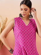 InWeave Pink Pyramid Kantha V Neck Lace Work Kurta Palazzo Set | Grocsy