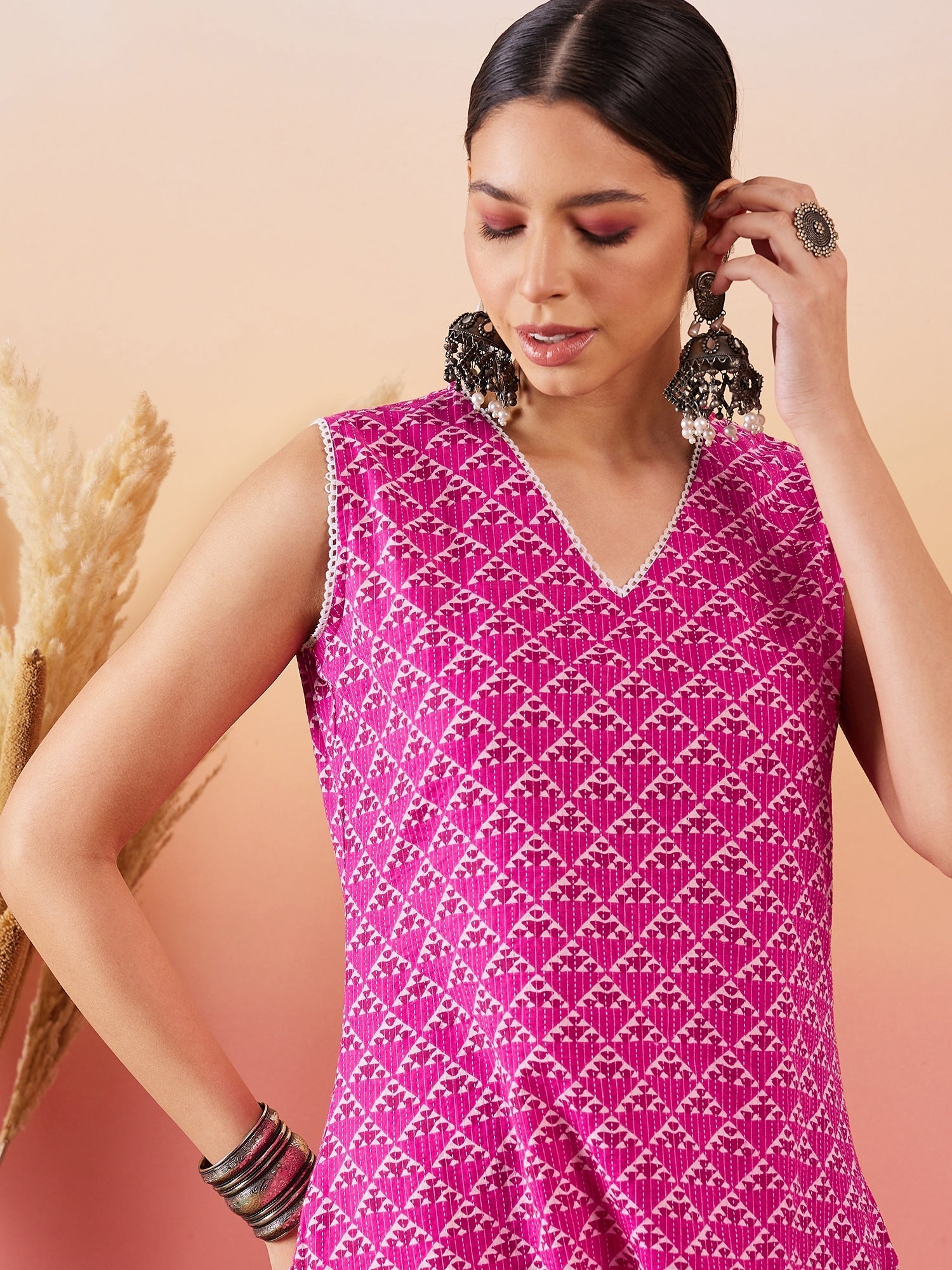 InWeave Pink Pyramid Kantha V Neck Lace Work Kurta Palazzo Set | Grocsy