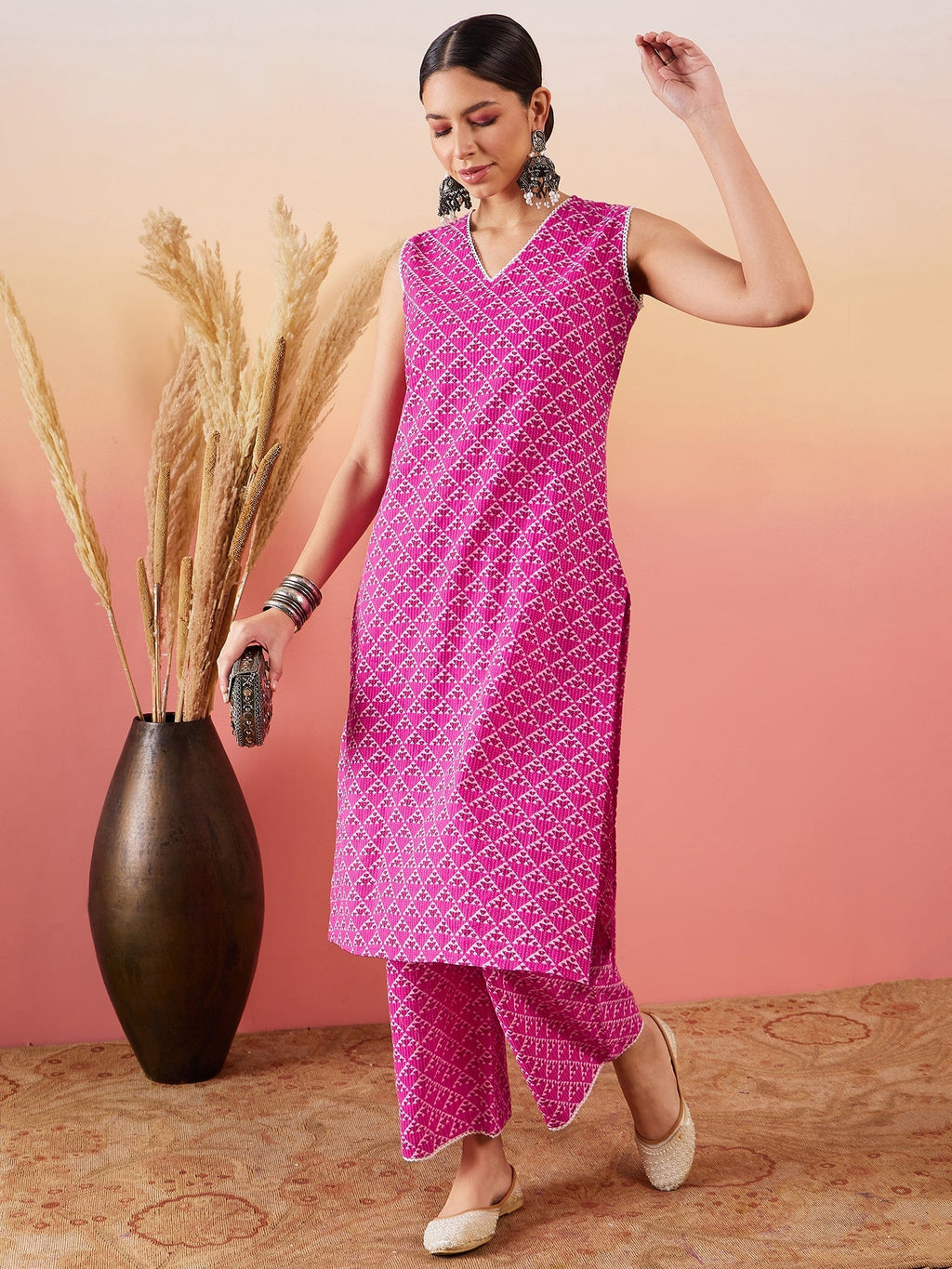 InWeave Pink Pyramid Kantha V Neck Lace Work Kurta Palazzo Set | Grocsy