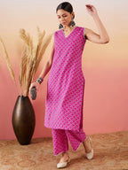 InWeave Pink Pyramid Kantha V Neck Lace Work Kurta Palazzo Set | Grocsy