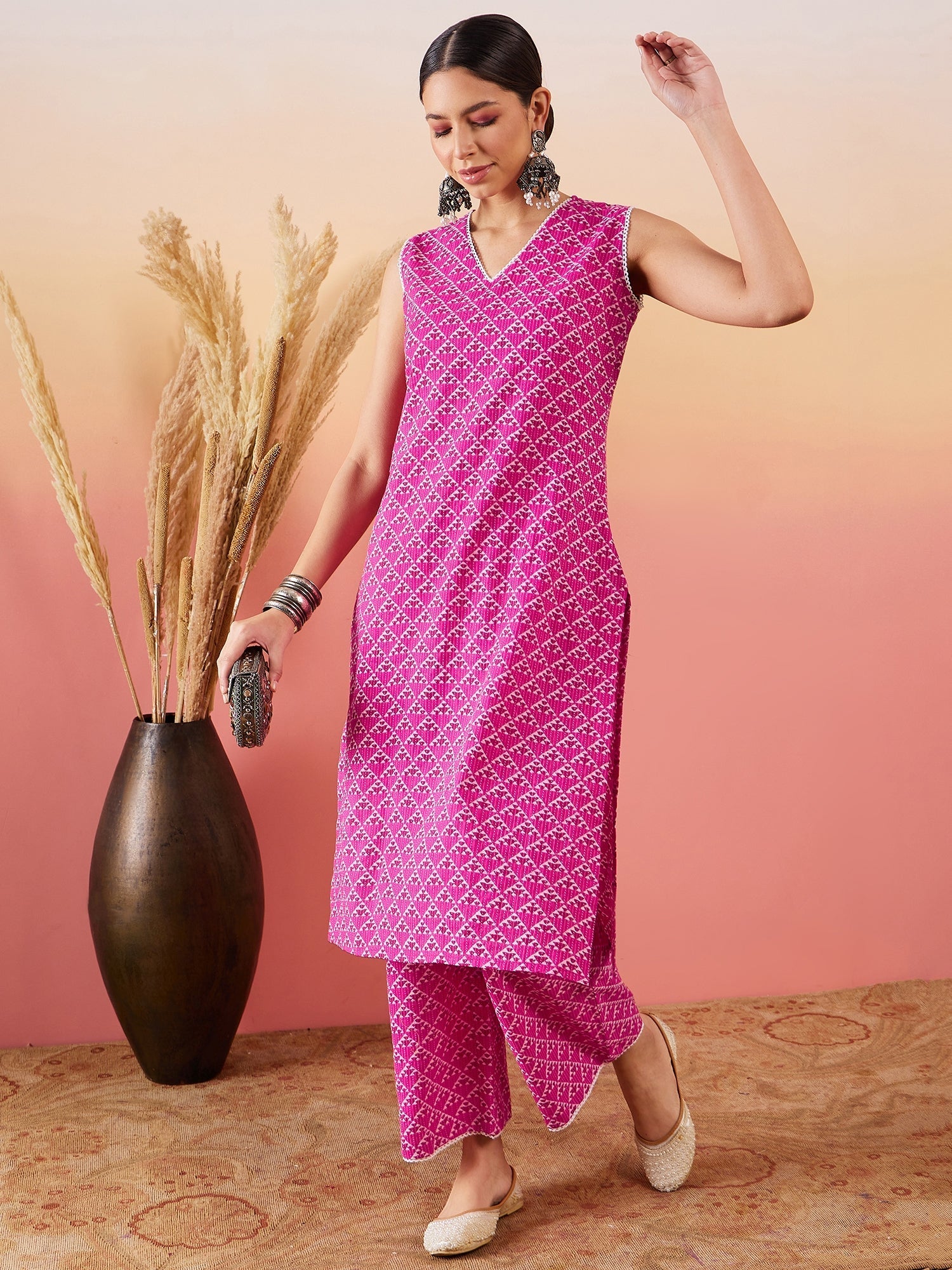 InWeave Pink Pyramid Kantha V Neck Lace Work Kurta Palazzo Set | Grocsy