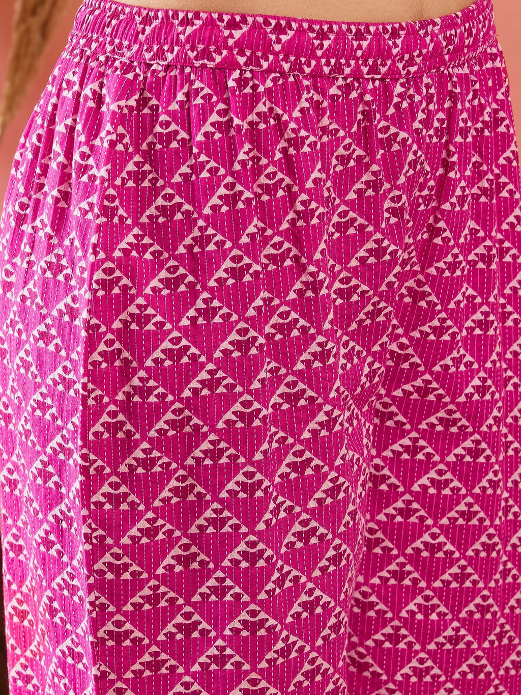 InWeave Pink Pyramid Kantha V Neck Lace Work Kurta Palazzo Set | Grocsy