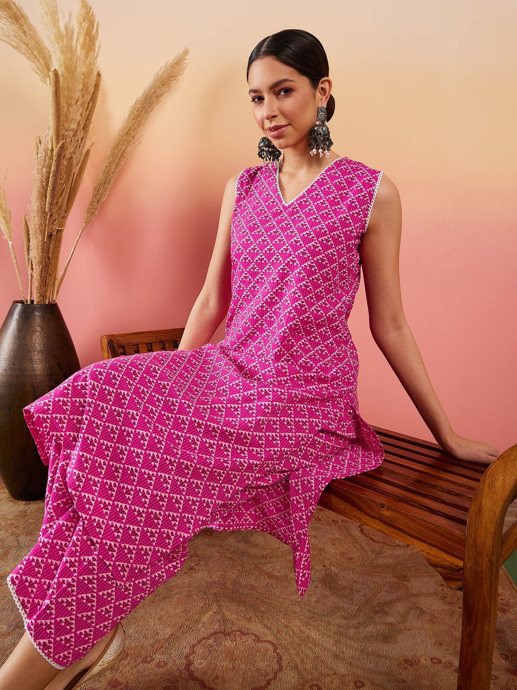 InWeave Pink Pyramid Kantha V Neck Lace Work Kurta Palazzo Set | Grocsy