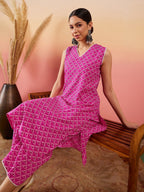 InWeave Pink Pyramid Kantha V Neck Lace Work Kurta Palazzo Set | Grocsy