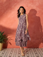 InWeave Dusty Mauve Paisley Round Neck Kurta Short Palazzo Set | Grocsy
