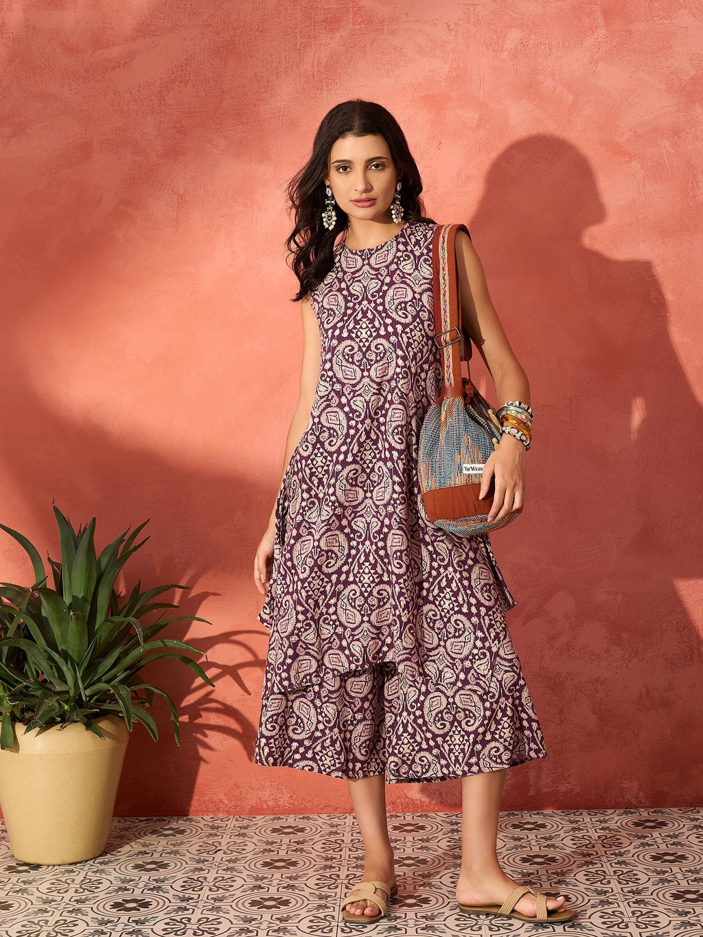 InWeave Dusty Mauve Paisley Round Neck Kurta Short Palazzo Set | Grocsy