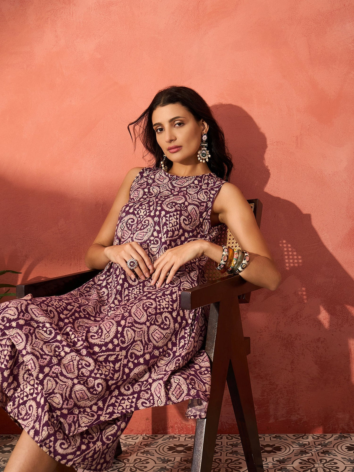 InWeave Dusty Mauve Paisley Round Neck Kurta Short Palazzo Set | Grocsy